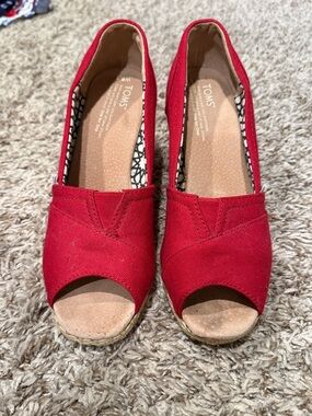 Toms Red Canvas Peep-Toe Espadrille Wedges